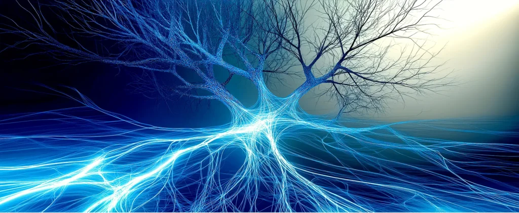 Ilustração digital abstrata de uma árvore cujas raízes e ramos se assemelham a conexões neuronais brilhantes em tons de azul, simbolizando redes neurais e o fluxo de dados na Inteligência Artificial em Future AI Vault.